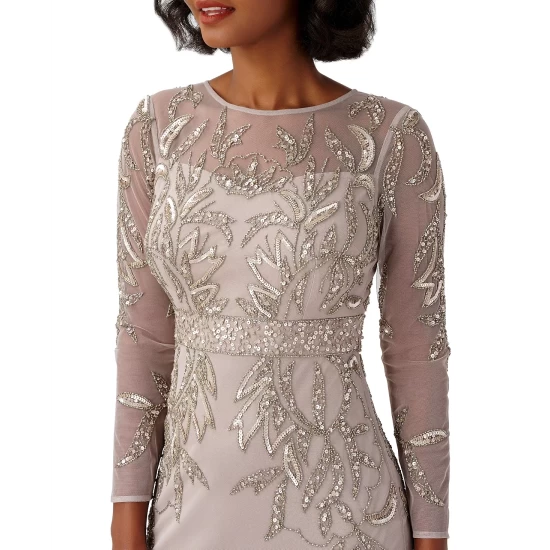 Buy 🥰 Papell Studio 👩 Women's Beaded Long-Sleeve Sheath Gown Marble ✔️ - Image 4