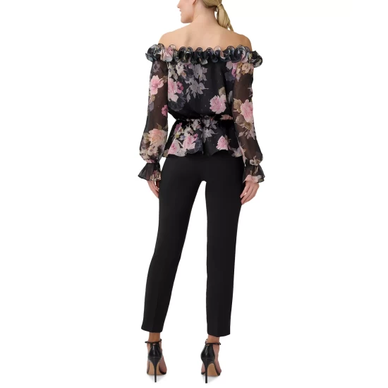 Coupon 🎉 Adrianna Papell 👩 Women's Ruffled Off-The-Shoulder Top Black Multi 💯 - Image 4