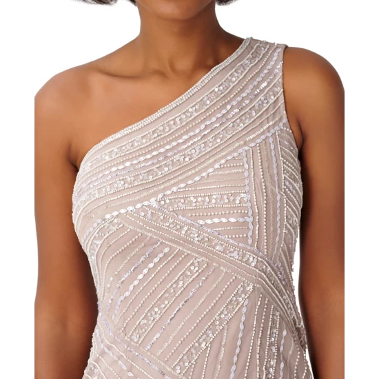 Deals ✔️ Adrianna Papell 👩 Women's Beaded Asymmetrical Gown Marble 🔥 - Image 3