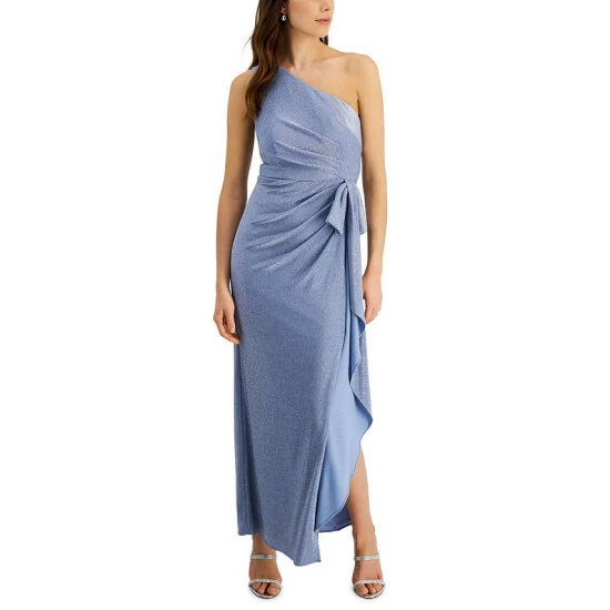 Cheapest 💯 Adrianna Papell One-Shoulder Metallic Gown Dusty Blue ❤️