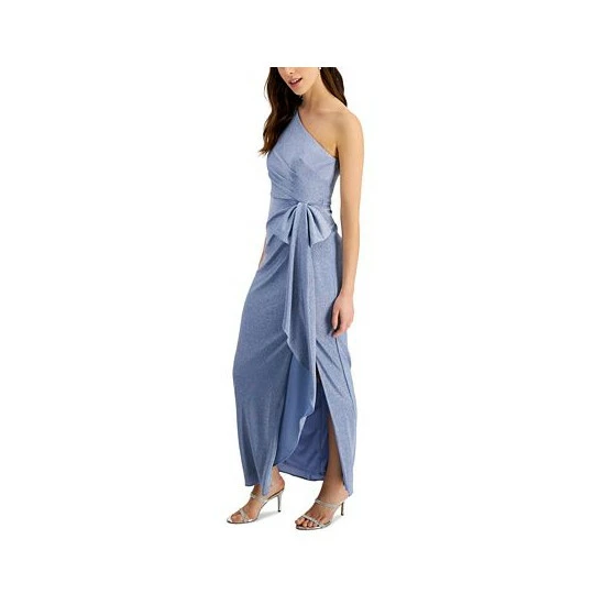 Cheapest 💯 Adrianna Papell One-Shoulder Metallic Gown Dusty Blue ❤️ - Image 3