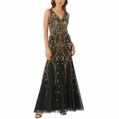 Flash Sale 👍 Adrianna Papell 👩 Women's Embellished V-Neck Sleeveless Gown Black Gold 🔔