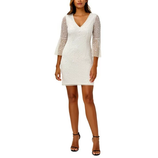 Best deal 👍 Adrianna Papell 👩 Women's Beaded Bell-Sleeve Sheath 👗 Dress Ivory 🔔