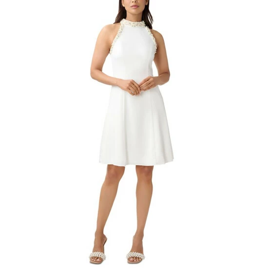 Discount 😀 Adrianna Papell 👩 Women's Embellished Mock-Neck Fit & Flare 👗 Dress Ivory 🎁