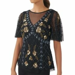 Best deal 🔔 Adrianna Papell 👩 Women's Embellished Illusion-Detail Flutter-Sleeve Top Black Gold 👍