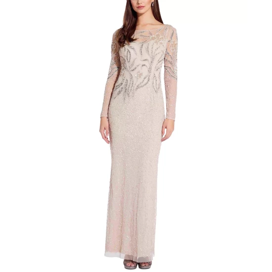 Buy 🥰 Papell Studio 👩 Women's Beaded Long-Sleeve Sheath Gown Marble ✔️