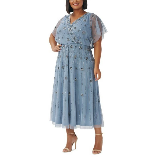 Wholesale ๐ Adrianna Papell Plus Size Beaded Blouson Midi ๐ Dress Vintage Blue โ