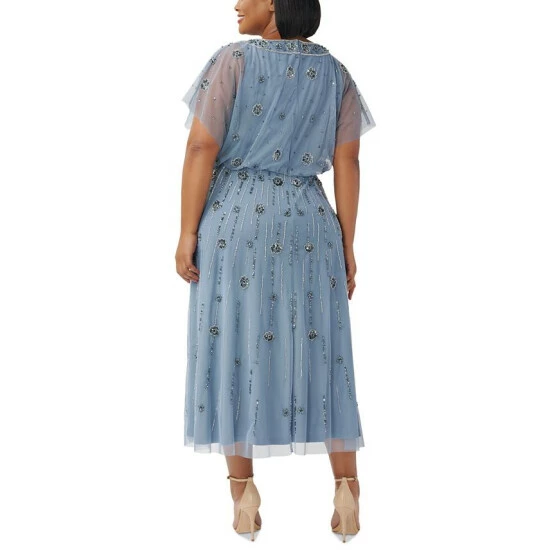Wholesale ๐ Adrianna Papell Plus Size Beaded Blouson Midi ๐ Dress Vintage Blue โ - Image 2