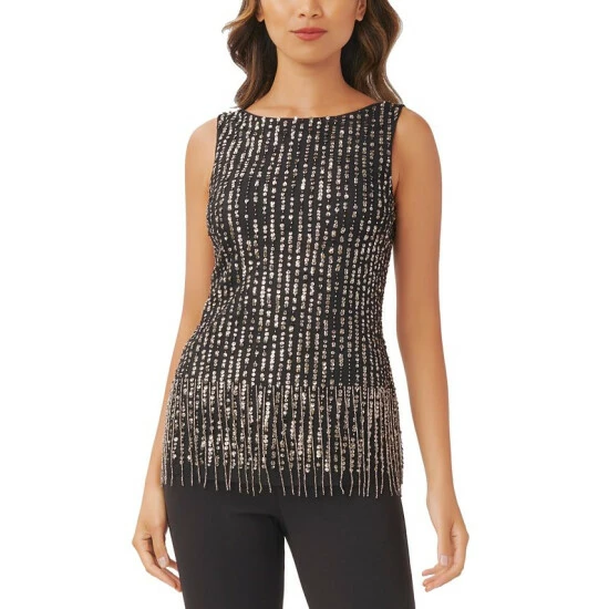 Brand new 🔔 Adrianna Papell 👩 Women's Beaded Sleeveless Boat-Neck Top Black Mercury ⭐