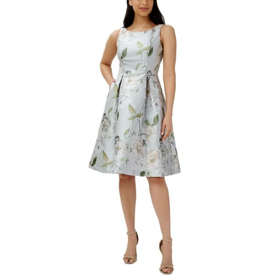 Promo 🥰 Adrianna Papell 👩 Women's Jacquard Fit & Flare 👗 Dress Silver Multi ✨
