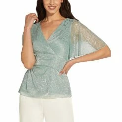 Wholesale 🤩 Adrianna Papell 👩 Women's Metallic Printed Flutter-Sleeve Top Sea Glass 🌟
