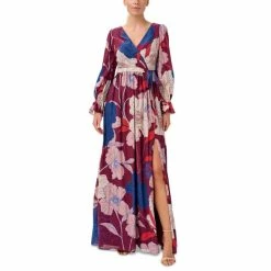 Coupon 😀 Adrianna Papell 👩 Women's Printed Tie-Waist Long-Sleeve 👗 Dress Burgundy Multi 🥰