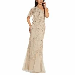 Discount 👍 Adrianna Papell One-Shoulder Beaded Blouson Gown Biscotti 🥰