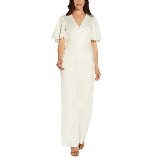Best Pirce 🎉 Adrianna Papell 👩 Women's Flutter-Sleeve Wide-Leg Jumpsuit Ivory 🎉