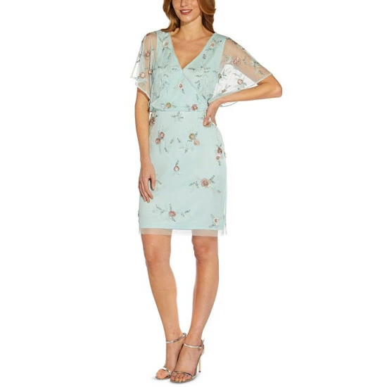 Promo 😀 Adrianna Papell 👩 Women's Embellished Blouson Batwing-Sleeve 👗 Dress Sea Glass 👍