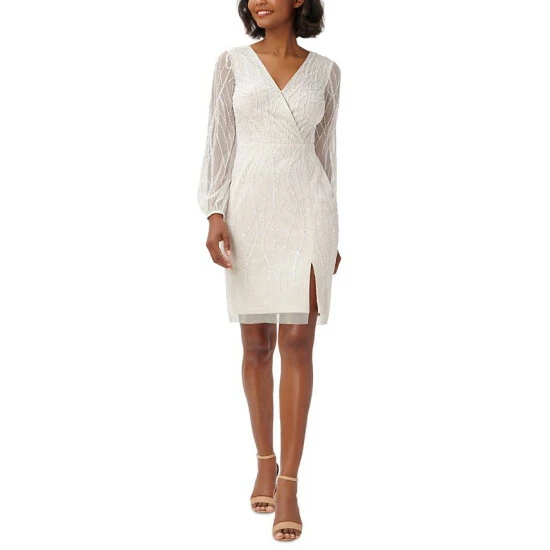 Best Sale 😀 Adrianna Papell 👩 Women's Embellished Mesh-Overlay 👗 Dress Ivory Pearl ⭐