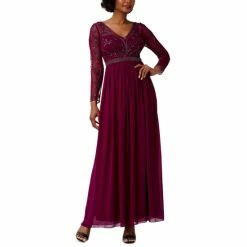 Best Sale 🔔 Adrianna Papell 👩 Women's Beaded-Bodice Long-Sleeve Gown Bordeaux 😍