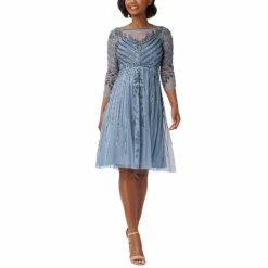 New 😀 Adrianna Papell 👩 Women's Beaded Fit & Flare 👗 Dress Vintage Blue 🎁