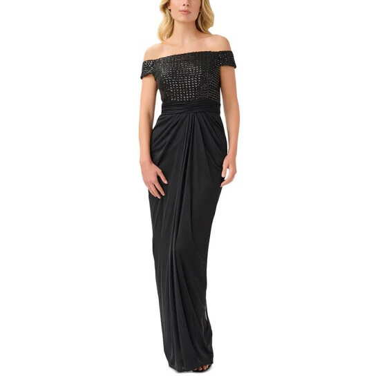 Coupon 🤩 Papell Studio 👩 Women's Off-the-Shoulder Sequined Gown Black 🥰