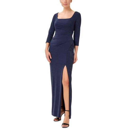 Wholesale 🌟 Adrianna Papell 👩 Women's Metallic Square-Neck Gown Light Navy 🎉