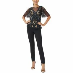 Best Sale 👍 Adrianna Papell 👩 Women's Illusion-Detail Beaded Short-Sleeve Blouse Black Gold 🧨