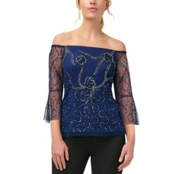 Wholesale 🎁 Adrianna Papell 👩 Women's Off-The-Shoulder Embellished Blouse Light Navy 👍