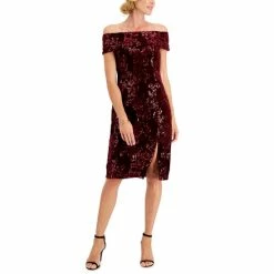 Budget โค๏ธ Adrianna Papell Petite Off-The-Shoulder Sequined Sheath ๐ Dress Garnet โญ