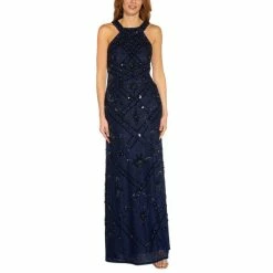 Cheap 💯 Adrianna Papell Halter Beaded-Lace Gown Light Navy 🤩