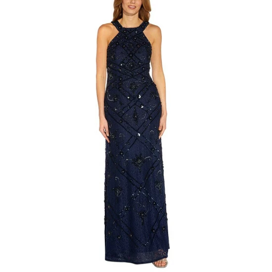 Cheap ๐ฏ Adrianna Papell Halter Beaded-Lace Gown Light Navy ๐คฉ