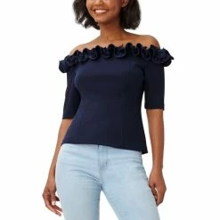 Budget ๐ Adrianna Papell ๐ฉ Women's Ruffled Off-The-Shoulder Top Midnight โญ