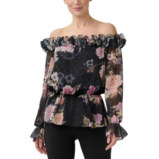Coupon 🎉 Adrianna Papell 👩 Women's Ruffled Off-The-Shoulder Top Black Multi 💯