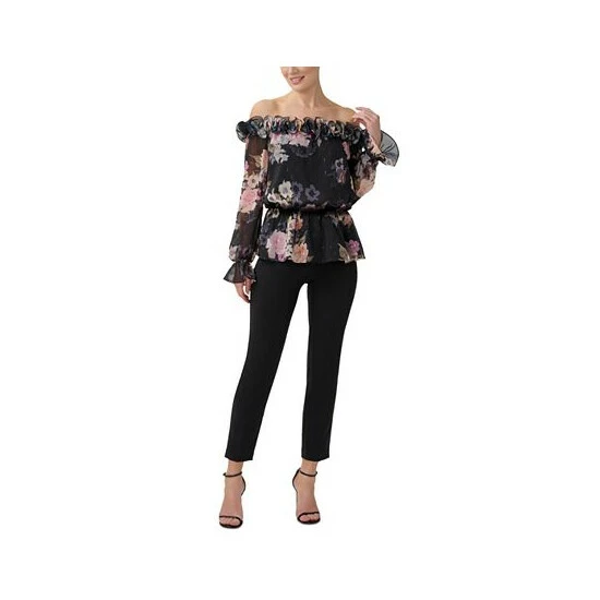 Coupon 🎉 Adrianna Papell 👩 Women's Ruffled Off-The-Shoulder Top Black Multi 💯 - Image 2