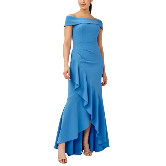 Best deal 😀 Adrianna Papell 👩 Women's Ruffled Off-The-Shoulder Gown Cool Cloud 👏
