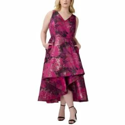 New 🎉 Adrianna Papell Plus Size V-Neck Ruffled Sleeveless High-Low Midi 👗 Dress Magenta Orchid Multi 🧨