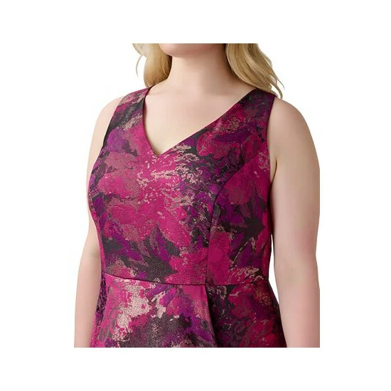 New π Adrianna Papell Plus Size V-Neck Ruffled Sleeveless High-Low Midi π Dress Magenta Orchid Multi 𧨠- Image 3