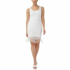 Outlet 😉 Adrianna Papell 👩 Women's Scoop-Neck Fringe-Trim Sheath 👗 Dress Ivory 🤩