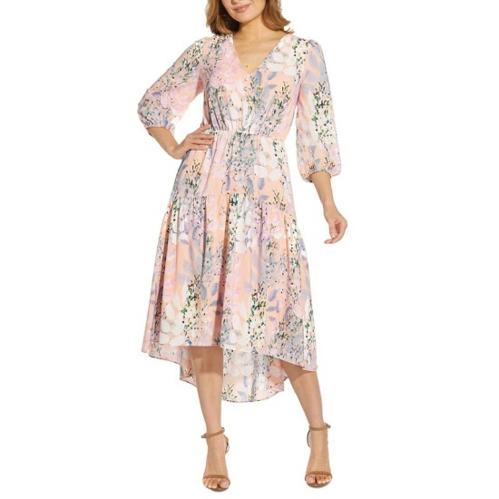 New 😀 Adrianna Papell Floral-Print Midi 👗 Dress Blush Multi 🤩