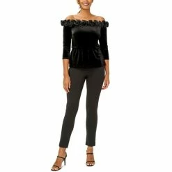 Promo 🤩 Adrianna Papell 👩 Women's Velvet Ruffled Off-The-Shoulder Top Black ✔️