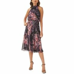 Promo ❤️ Adrianna Papell 👩 Women's Printed Halter-Tie-Neck 👗 Dress Black Multi 😍