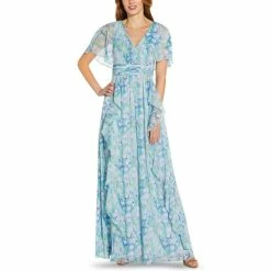 Best Sale 🥰 Adrianna Papell Floral-Print Chiffon Gown Blue Multi ❤️