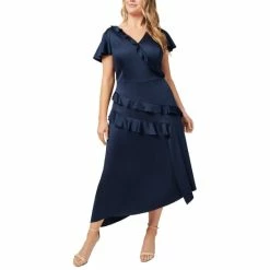 Budget 🧨 Adrianna Papell Plus Size Satin Ruffled Midi 👗 Dress Navy 🛒