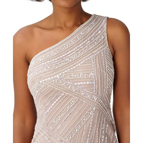 Deals ✔️ Adrianna Papell 👩 Women's Beaded Asymmetrical Gown Marble 🔥 - Image 2