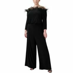 Discount 🌟 Adrianna Papell Plus Size Feather-Trim Off-The-Shoulder Jumpsuit Black 😀