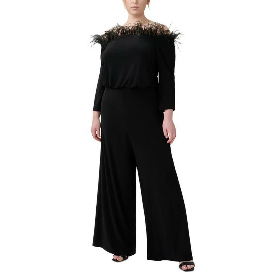 Discount 🌟 Adrianna Papell Plus Size Feather-Trim Off-The-Shoulder Jumpsuit Black 😀