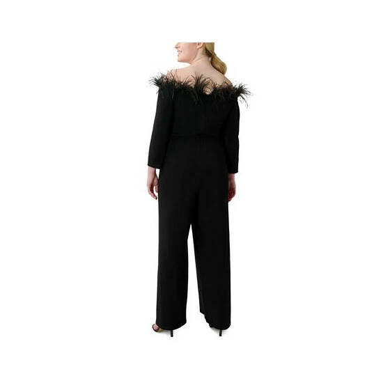 Discount 🌟 Adrianna Papell Plus Size Feather-Trim Off-The-Shoulder Jumpsuit Black 😀 - Image 2