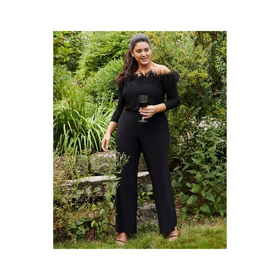 Discount 🌟 Adrianna Papell Plus Size Feather-Trim Off-The-Shoulder Jumpsuit Black 😀 - Image 3