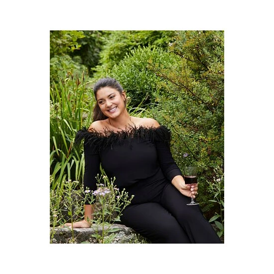 Discount 🌟 Adrianna Papell Plus Size Feather-Trim Off-The-Shoulder Jumpsuit Black 😀 - Image 5