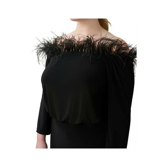 Discount 🌟 Adrianna Papell Plus Size Feather-Trim Off-The-Shoulder Jumpsuit Black 😀 - Image 6