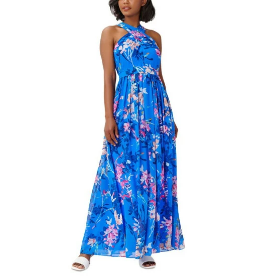 Coupon 🤩 Adrianna Papell 👩 Women's Chiffon Floral-Print Gown Blue Multi ✨