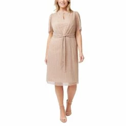 Best Sale 🔔 Adrianna Papell Plus Size Crinkle Mesh 👗 Dress Champagne Gold 🔔